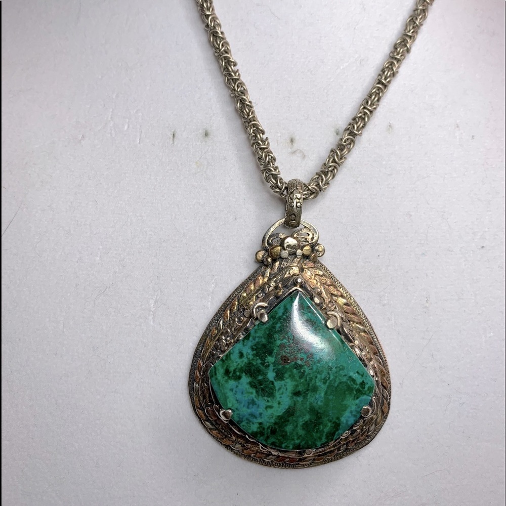 Malachite, bronze, cooper, German Silver necklace.